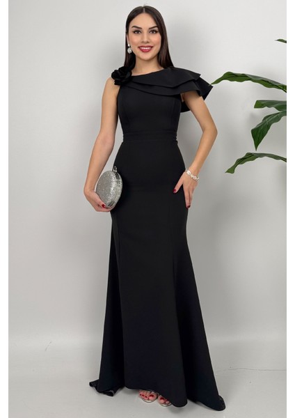 Delvira Drapeli Tek Omuz Çiçek Detaylı Uzun Siyah Abiye Elbise