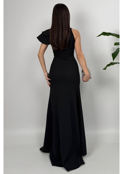 Delvira Drapeli Tek Omuz Çiçek Detaylı Uzun Siyah Abiye Elbise indirimleri