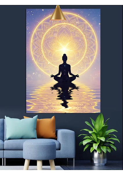 Mandala Önünde Lotus Meditasyonu Dekoratif Kanvas - Mdf Ahşap Tablo fırsatları