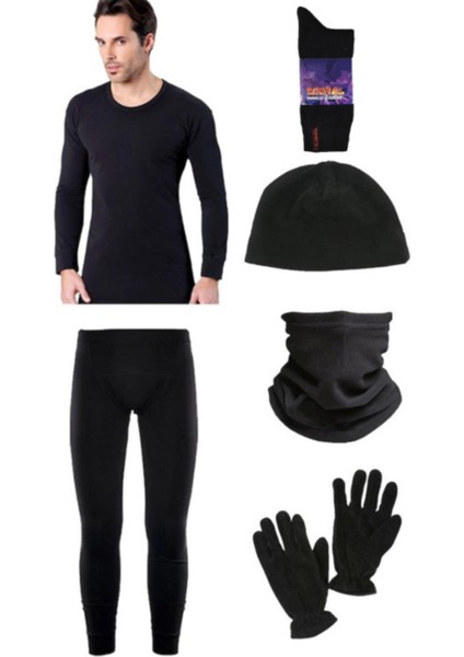 Lüx Siyah Termal Içlik Takımı Polar Bere Boyunluk Eldiven Termal Çorap Seti