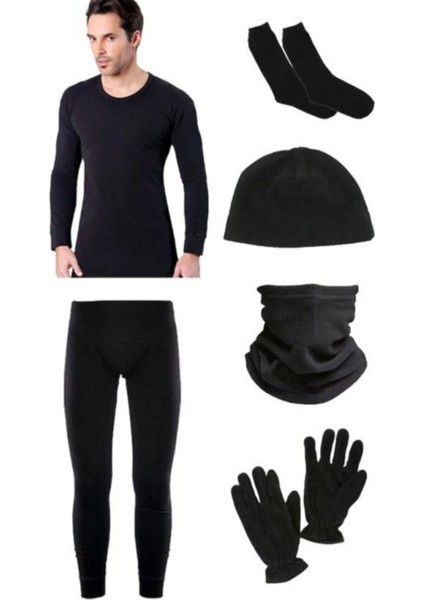 Siyah Termal Içlik Takımı Polar Bere Boyunluk Eldiven Havlu Çorap Seti