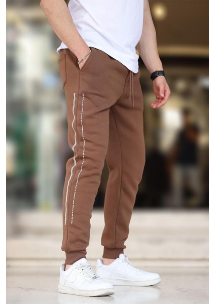 Kahverengi Erkek Paçası Lastikli Yandan Şeritli Baskılı Eşofman Altı 6551