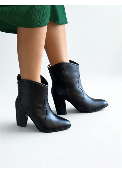 Siyah Deri Kalın Topuklu Kadın Western Bot modelleri