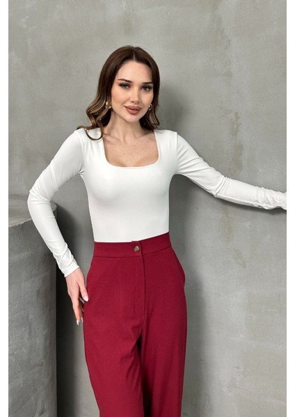 Kadın Bluz Uzun Kollu Kare Yaka Alttan Çıtçıtlı Slim Fit Body
