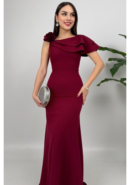 Delvira Drapeli Tek Omuz Çiçek Detaylı Uzun Bordo Abiye Elbise fiyatları