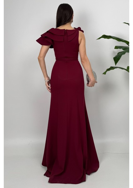 Delvira Drapeli Tek Omuz Çiçek Detaylı Uzun Bordo Abiye Elbise indirimleri