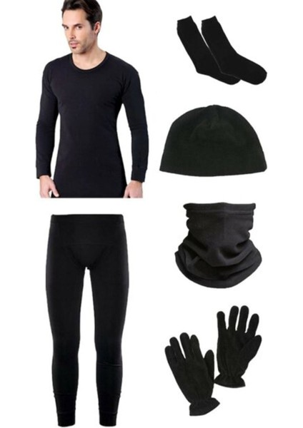 Siyah Termal Içlik Takımı Polar Bere Boyunluk Eldiven Havlu Çorap Seti - Asker Malzemeleri