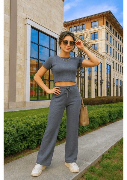 Kadın Antrasit Crop Bol Paça Pantolon Alt Üst Takım