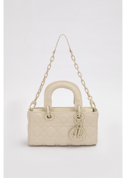 Krem Zincir Aksesuarlı Kapitone El Çantası