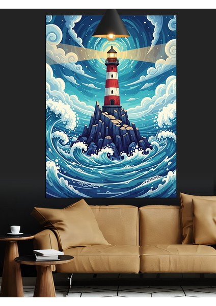 Dalgalarla Çevrili Deniz Feneri Dekoratif Kanvas - Mdf Ahşap Tablo