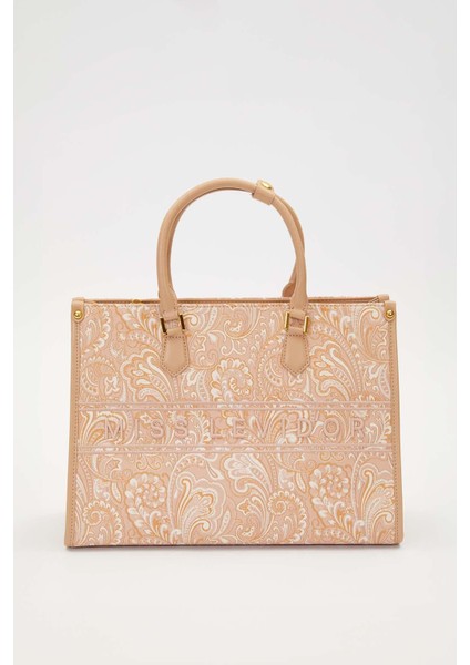 Kahve Baskı Detaylı Büyük El Çantası