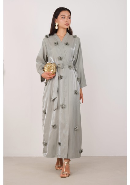 Çiçekli Aplikeli Abaya Çağla