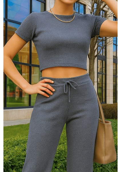 Kadın Antrasit Crop Bol Paça Pantolon Alt Üst Takım fiyatları