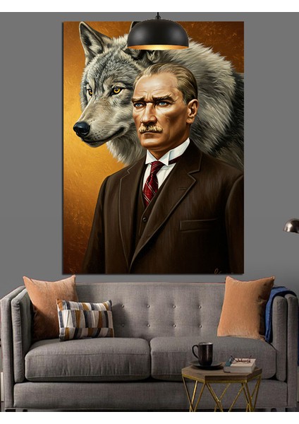 Kurt ve Mustafa Kemal Atatürk Portresi Dekoratif Kanvas - Mdf Ahşap Tablo
