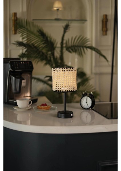 Hazeran & Rattan Masa Üstü Kablosuz Şarjlı Masa Lambası - Alt Uzun Siyah