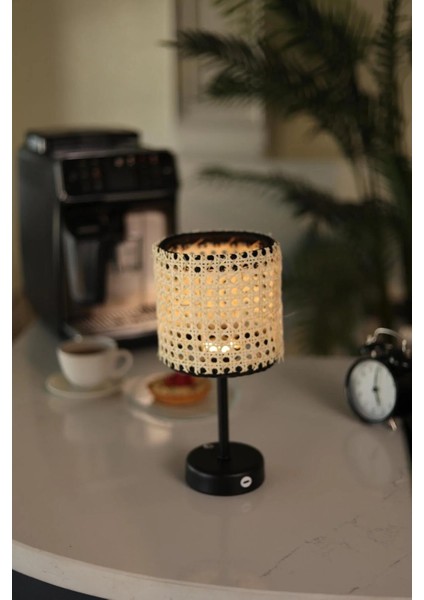 Hazeran & Rattan Masa Üstü Kablosuz Şarjlı Masa Lambası - Alt Uzun Siyah