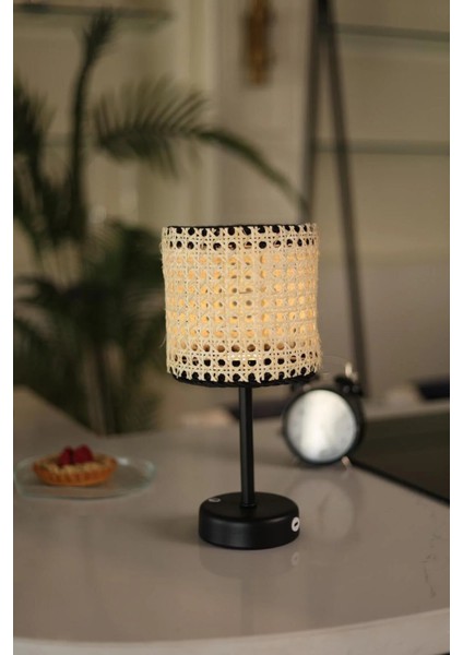 Hazeran & Rattan Masa Üstü Kablosuz Şarjlı Masa Lambası - Alt Uzun Siyah