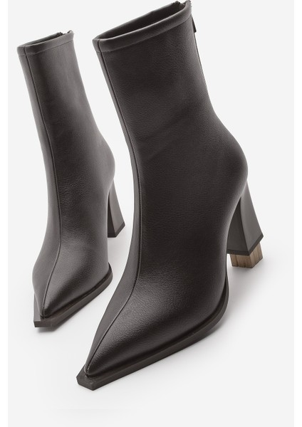 Kadın Topuklu Bot Sivri Burun Arkadan Fermuarlı Kalın Ökçe Kikas Kahve