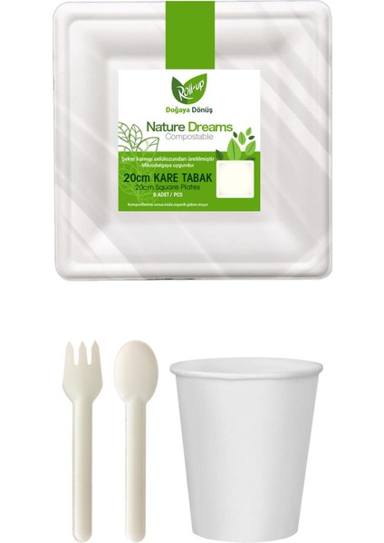 Ekolojik Kare 20 Cm. 96 Kişilik Parti Piknik Sofra Sunum Seti - Tabak Bardak Çatal Kaşık Takımı