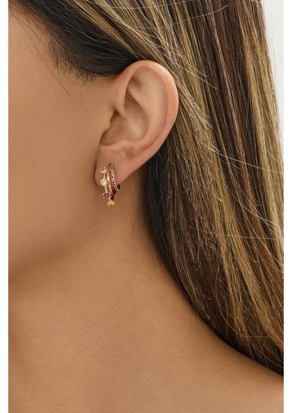 3 Katlı Pembe Taşlı Elegant Küpe