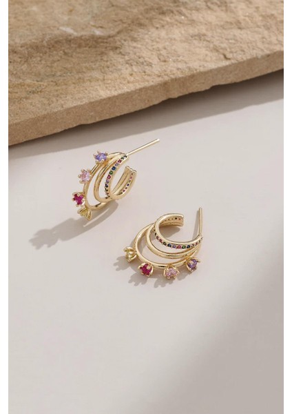 3 Katlı Pembe Taşlı Elegant Küpe modelleri