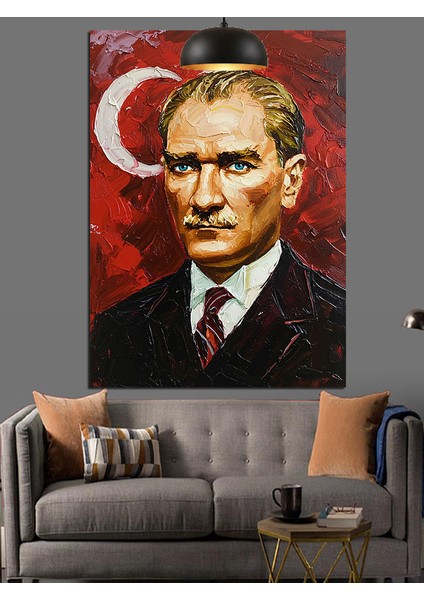 Kırmızı Fonlu Yağlıboya Mustafa Kemal Atatürk Dekoratif Kanvas - Mdf Ahşap Tablo