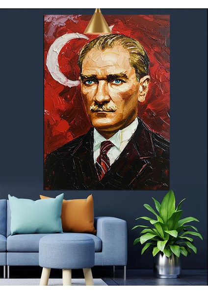 Kırmızı Fonlu Yağlıboya Mustafa Kemal Atatürk Dekoratif Kanvas - Mdf Ahşap Tablo fiyatları