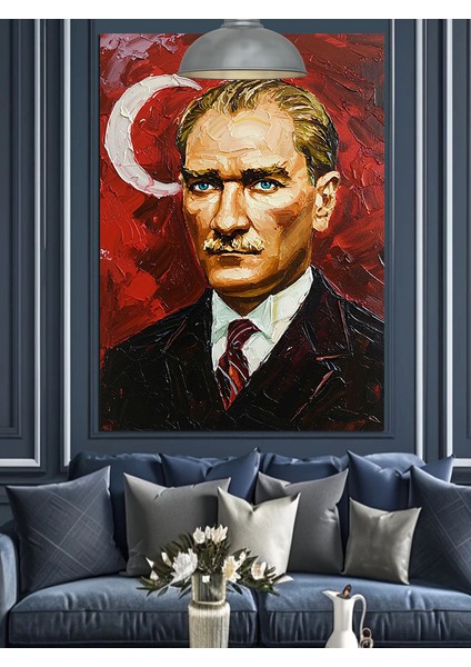Kırmızı Fonlu Yağlıboya Mustafa Kemal Atatürk Dekoratif Kanvas - Mdf Ahşap Tablo indirimleri