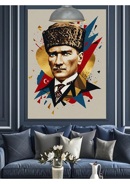 Geometrik Desenli Mustafa Kemal Atatürk Dekoratif Kanvas - Mdf Ahşap Tablo
