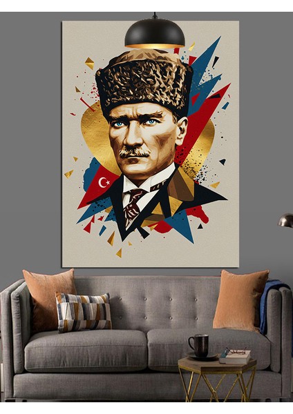 Geometrik Desenli Mustafa Kemal Atatürk Dekoratif Kanvas - Mdf Ahşap Tablo fiyatları
