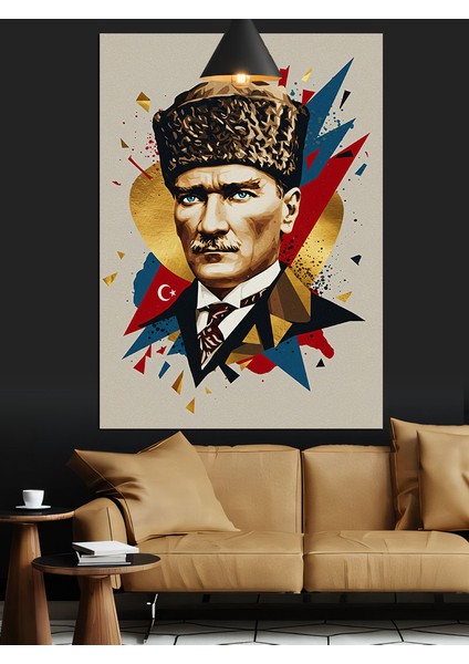 Geometrik Desenli Mustafa Kemal Atatürk Dekoratif Kanvas - Mdf Ahşap Tablo fırsatları