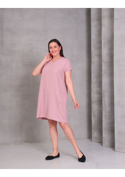 Kadın Büyük Beden Cep Detaylı V Yaka Pudra Pembe Elbise fırsatları