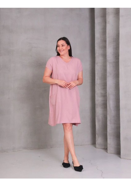 Kadın Büyük Beden Cep Detaylı V Yaka Pudra Pembe Elbise indirimleri