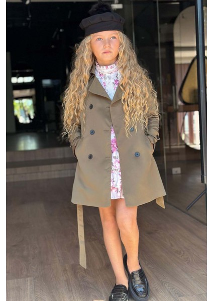 Kız Çocuk Üzeri Dantel Işlemeli Elbise Çift Cep Detaylı Kemerli Yeşil Trençkot