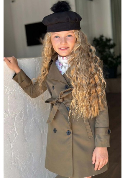 Kız Çocuk Üzeri Dantel Işlemeli Elbise Çift Cep Detaylı Kemerli Yeşil Trençkot fiyatları