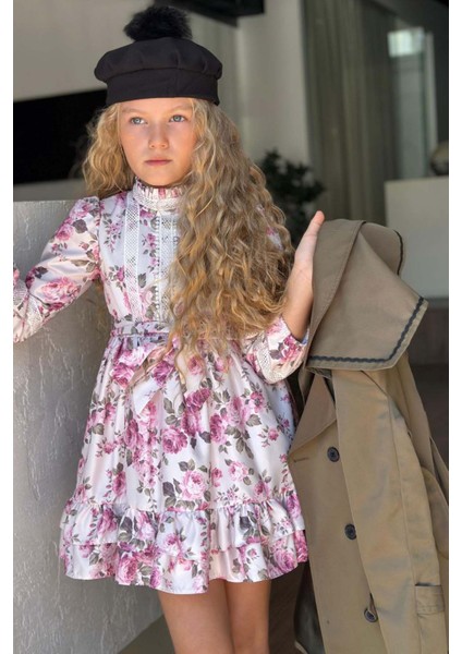 Kız Çocuk Üzeri Dantel Işlemeli Elbise Çift Cep Detaylı Kemerli Yeşil Trençkot modelleri