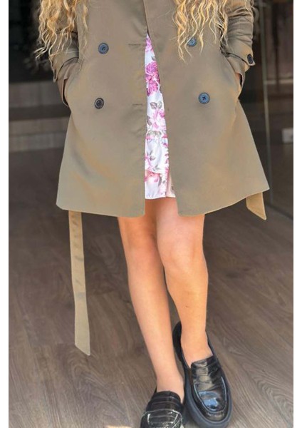 Kız Çocuk Üzeri Dantel Işlemeli Elbise Çift Cep Detaylı Kemerli Yeşil Trençkot indirimleri