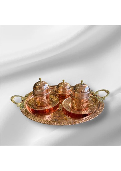 El Işçiliği 2 Kişilik Bakır Kahve Fincan Takımı – 26 cm Tepsi, 2 Fincan ve Altlığı, 1 Lokumluk