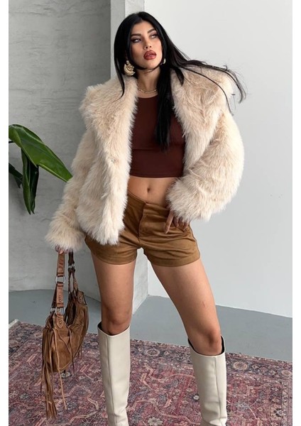 Kadın Kürk Şık Geniş Yaka Astarlı Çıtçıt Düğmeli premium kürk