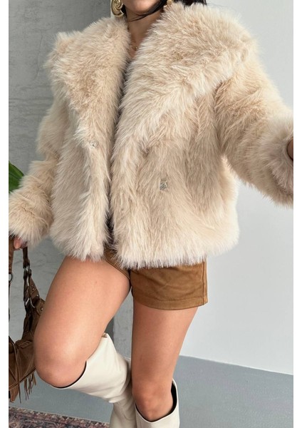 Kadın Kürk Şık Geniş Yaka Astarlı Çıtçıt Düğmeli premium kürk indirimleri