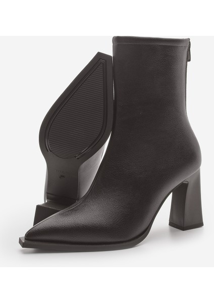 Kadın Topuklu Bot Sivri Burun Arkadan Fermuarlı Kalın Ökçe Kikas Kahve