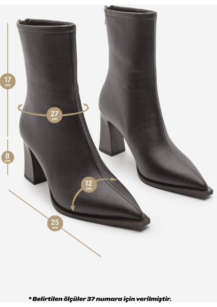 Kadın Topuklu Bot Sivri Burun Arkadan Fermuarlı Kalın Ökçe Kikas Kahve