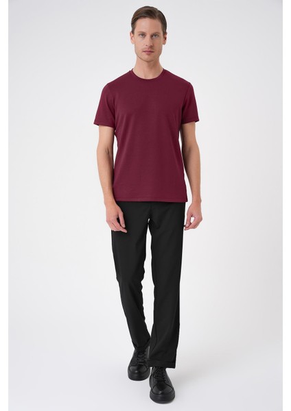 Comfort Fit Bisiklet Yaka Esnek Pamuk Casuel Bordo Tişört Ts 885
