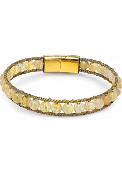 Mestore Titanyum Kilitli Sitrin Doğaltaş ve 316L Çelik Halat Örme Erkek Bileklik 31682B2DH8