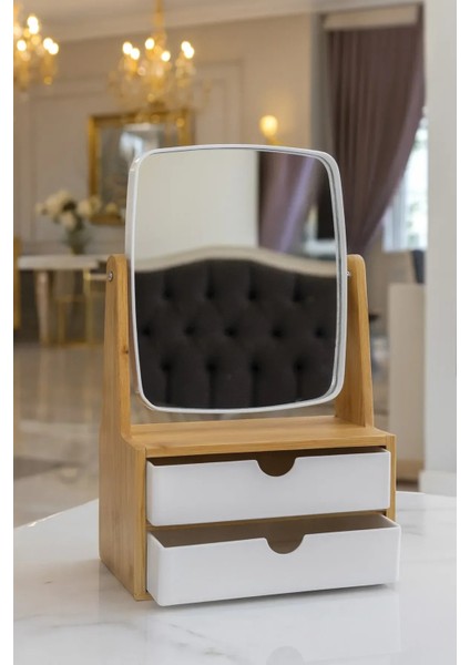 Bambu Çekmeceli Ayna Takı Organizeri 360° Dönen Ayna