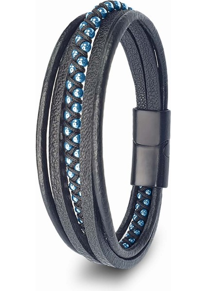 Mestore Mavi Hematit ve Çoklu Deri Bileklik 31684B3D3