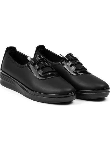 Kadın Siyah Rugan Detaylı Ortopedik Anne Ayakkabısı - Rahat Kaymaz Taban, Bağcıklı Günlük Yürüyüş Ayakkabısı