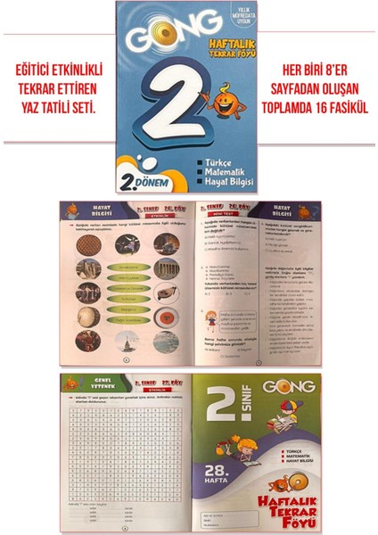 2. Sınıf Gong Haftalık Tekrar Föyü Seti (1. ve 2. Dönem - 32 Fasikül -256 SAYFA - renkli fırsatları