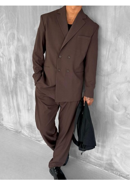 Erkek Oversize Rahat Kalıp Kruvaze Takım Elbise Kahve