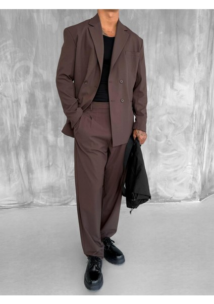Erkek Oversize Rahat Kalıp Kruvaze Takım Elbise Kahve modelleri